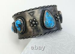 Old Pawn Fred Harvey Native American Sterling Turquoise Cuff Tribal Designs