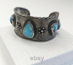 Old Pawn Fred Harvey Native American Sterling Turquoise Cuff Tribal Designs