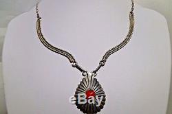 Old Pawn Fred Harvey Red Coral Bar Chain Necklace Sterling Silver Estate Vintage