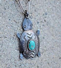 Old Pawn Native American Fred Harvey Era Silver Turquoise Turtle Fob Necklace