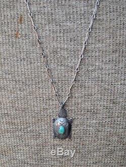 Old Pawn Native American Fred Harvey Era Silver Turquoise Turtle Fob Necklace