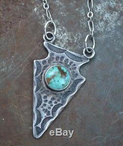 Old Pawn Navajo Fred Harvey Era Arrowhead Pendant Fob Necklace Silver turquoise