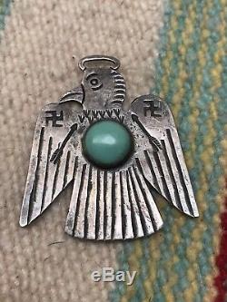 Old Pawn Navajo Fred Harvey THUNDERBIRD Pendant Fob Necklace Silver turquoise
