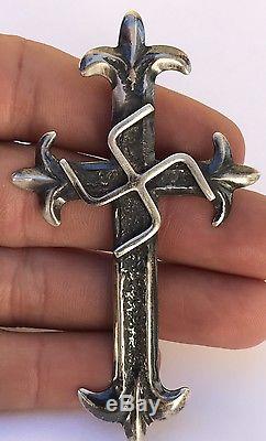 Old Pawn Navajo Fred Harvey Whirling Log Sand Cast Sterling Silver Cross Pendant