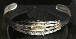 Old Pawn Navajo Sterling Silver Fred Harvey Era Turquoise Stamped Cuff Bracelet
