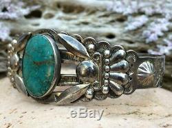 Old Pawn Navajo Sterling Silver Spiderweb Turquoise Fred Harvey Cuff Bracelet