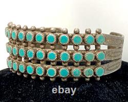 Old Pawn Zuni Petit Point Sterling Silver Turquoise 3 Row Fred Harvey Bracelet