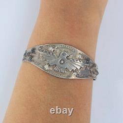 Old Real Bell Sterling Silver Fred Harvey Era Thunderbird Stamped Cuff Bracelet