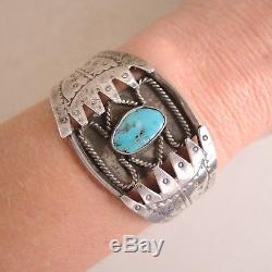 Old Turquoise Stamped Silver Cuff Bracelet Navajo Sterling Vtg Fred Harvey Era