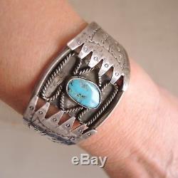 Old Turquoise Stamped Silver Cuff Bracelet Navajo Sterling Vtg Fred Harvey Era