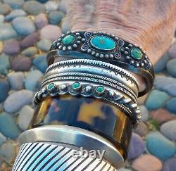 Old Vintage Fred Harvey Era Carinated Silver Green Turquoise Row Cuff Bracelet