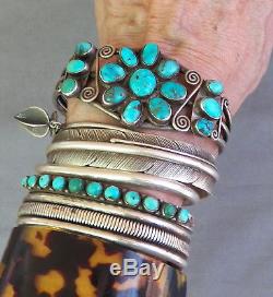 Old Vintage Fred Harvey Era Classic Silver Turquoise Cluster Cuff Bracelet