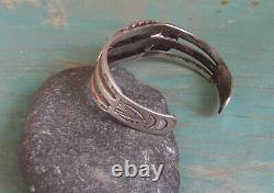Old Vintage Fred Harvey Era Hand Made Stamped Silver Turquoise Cuff Bracelet
