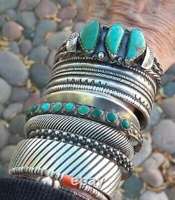 Old Vintage Fred Harvey Era Silver Blue Green Turquoise Row Cuff Bracelet