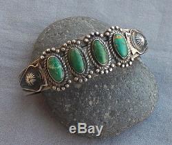 Old Vintage Fred Harvey Era Silver Green Cerrillos Turquoise Row Cuff Bracelet