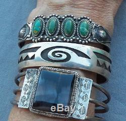 Old Vintage Fred Harvey Era Silver Green Cerrillos Turquoise Row Cuff Bracelet