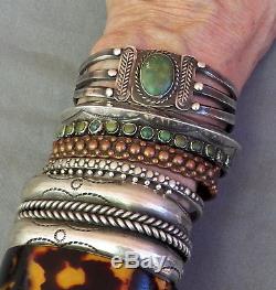 Old Vintage Fred Harvey Era Silver Snake Eye Green Turquoise Row Cuff Bracelet