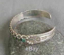 Old Vintage Fred Harvey Era Silver Square Green Turquoise Row Cuff Bracelet