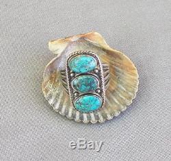 Old Vintage Fred Harvey Era Silver Stamped 3 Stone Turquoise Ring Size 7 1/4
