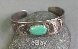 Old Vintage Fred Harvey Era Silver Stamped Green Turquoise Cuff Bracelet