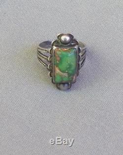 Old Vintage Fred Harvey Era Silver Stamped Rectangular Green Turquoise Ring Sz 8
