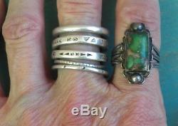 Old Vintage Fred Harvey Era Silver Stamped Rectangular Green Turquoise Ring Sz 8