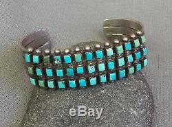 Old Vintage Fred Harvey Era Silver Stamped Square Turquoise 3 Row Cuff Bracelet