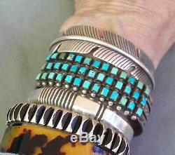 Old Vintage Fred Harvey Era Silver Stamped Square Turquoise 3 Row Cuff Bracelet