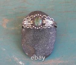 Old Vintage Fred Harvey Era Stamped Coin Silver Green Turquoise Cuff Bracelet