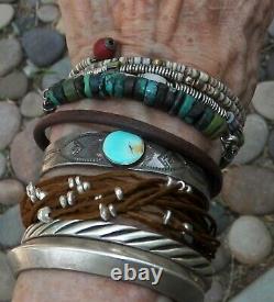 Old Vintage Fred Harvey Era Stamped Silver Turquoise Cuff Bracelet Small