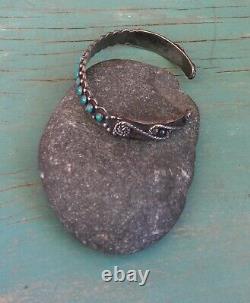 Old Vintage Fred Harvey Era Sterling Silver Blue Turquoise Row Cuff Bracelet