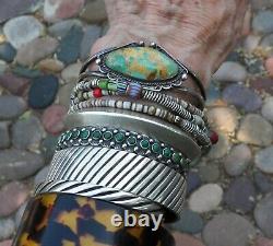 Old Vintage Fred Harvey Era Sterling Silver Green Turquoise Row Cuff Bracelet