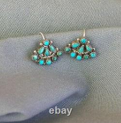 Old Vintage Fred Harvey Era Sterling Silver Petit Point Turquoise Earrings