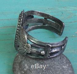 Old Vintage Heavy Unusual Detail Fred Harvey Era Silver Turquoise Cuff Bracelet