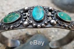 Old Vintage Navajo Fred Harvey Era With Three Turquoise Stones Cuff Bracelet