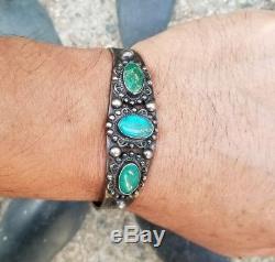 Old Vintage Navajo Fred Harvey Era With Three Turquoise Stones Cuff Bracelet
