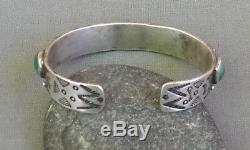 Old Vintage Silver Stamped Fred Harvey Era Green Turquoise Row Cuff Bracelet
