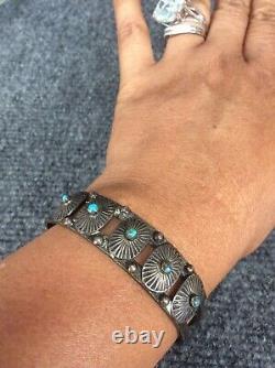 Old pawn Native American Fred Harvey era silver stamp turquoise cuff bracelet