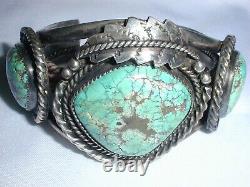 Outstanding Fred Harvey Era- Heavy Sterling Old Turquoise Hand Tooled Cuff