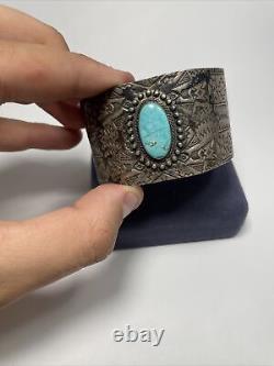 RARE! 1920s Old Pawn Fred Harvey Era Sterling Silver Turquoise Stamped Cuff