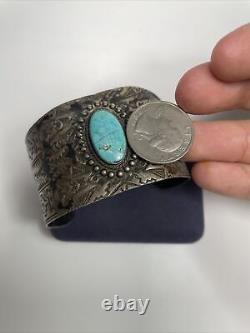 RARE! 1920s Old Pawn Fred Harvey Era Sterling Silver Turquoise Stamped Cuff