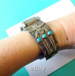 RARE Fred Harvey Era Sterling Silver and Turquoise Navajo Knifewing Watch Cuff