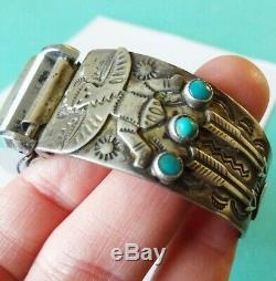 RARE Fred Harvey Era Sterling Silver and Turquoise Navajo Knifewing Watch Cuff