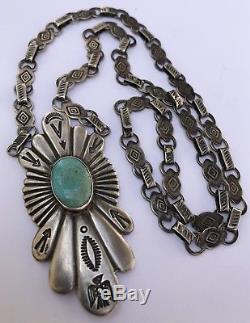RARE OLD Fred Harvey Era NAVAJO STAMPED ARROW STERLING SILVER TURQUOISE NECKLACE