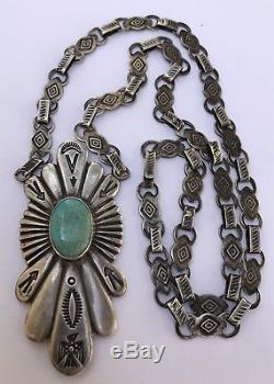 RARE OLD Fred Harvey Era NAVAJO STAMPED ARROW STERLING SILVER TURQUOISE NECKLACE