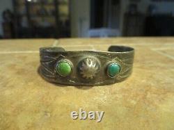 REAL OLD Fred Harvey Era Navajo Sterling Turquoise Stamped DESIGN Bracelet