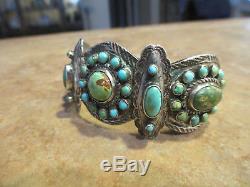Rare Early 1900's Fred Harvey Native Silver Premium Turquoise Cluster Bracelet