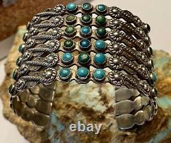 Rare Early Fred Harvey Era Navajo 6 Row Coin Silver & Turquoise Cuff Bracelet