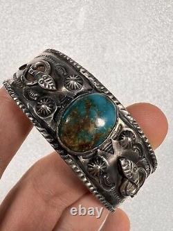 Rare Old Fred Harvey Era Navajo Zuni Sterling Turquoise SNAKE Cuff Bracelet