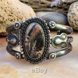 Rare Old Pawn Fred Harvey Petrified Wood Navajo Sterling Silver Cuff Bracelet